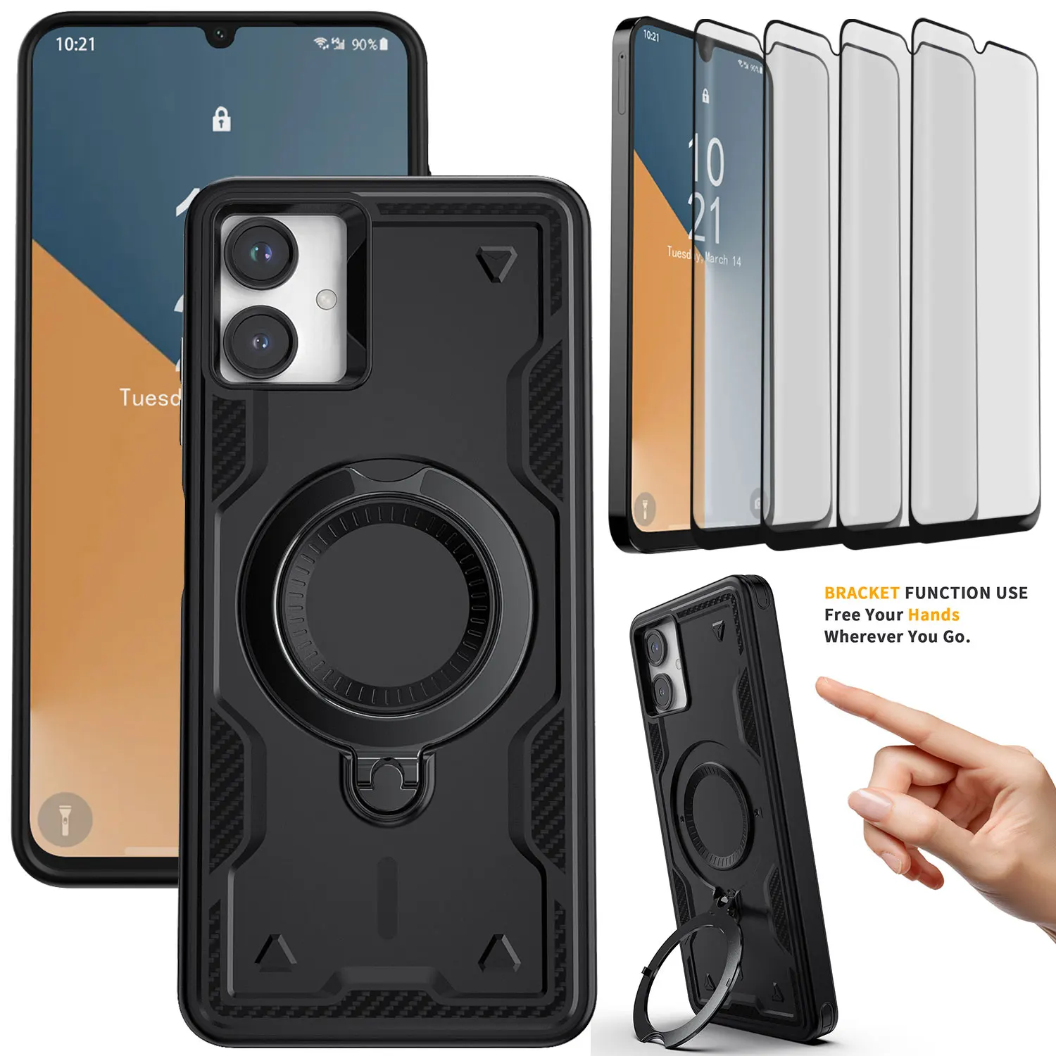 

Противоударный сверхпрочный чехол с кольцевой подставкой и держателем + 4 шт. прозрачные защитные пленки из закаленного стекла для Samsung Galaxy A06