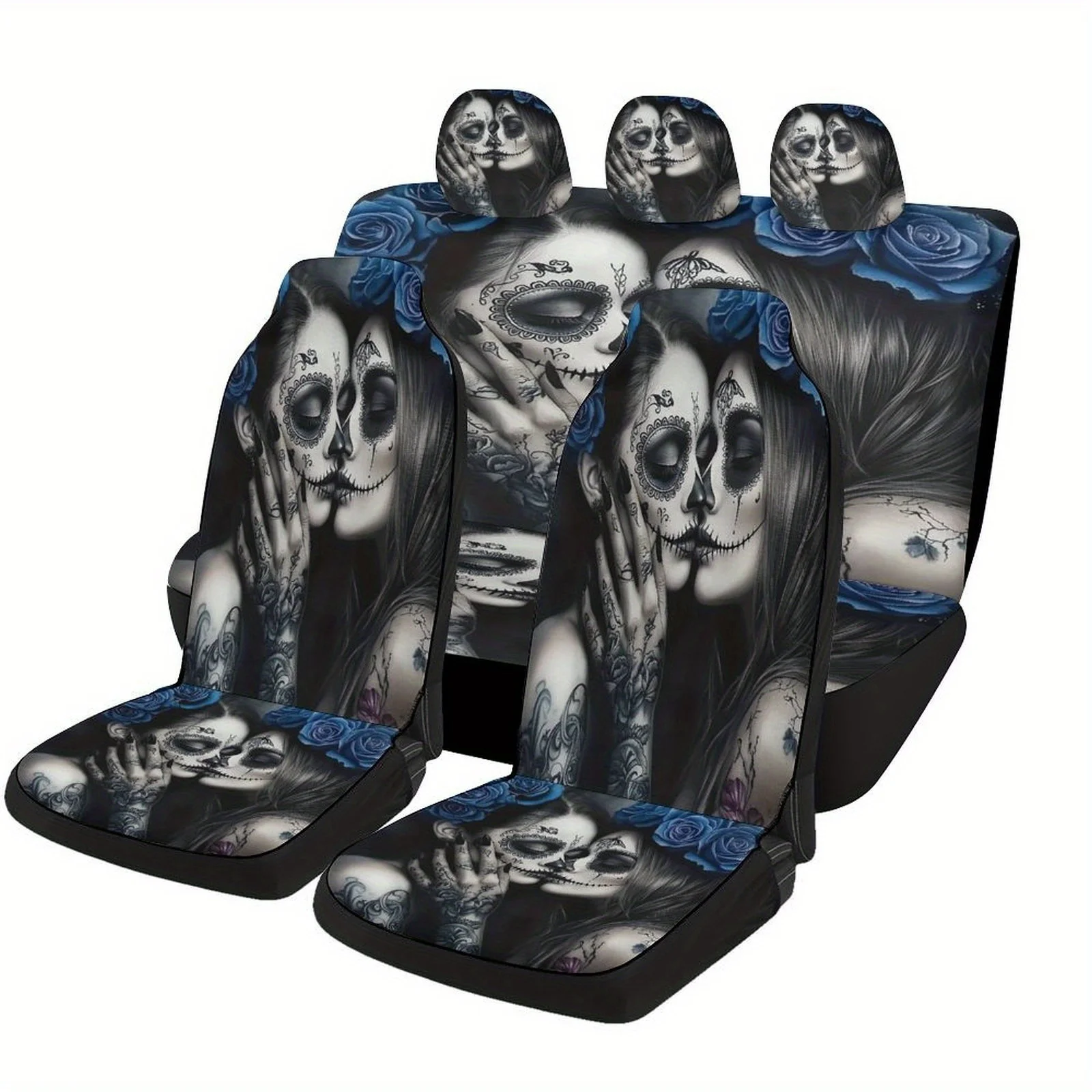 

Комплект чехлов на автомобильные сиденья Fit Sugar Skulls для большинства автомобилей — защитные чехлы для передних и задних сидений Mexican Calavera Design, можно стирать в машине,