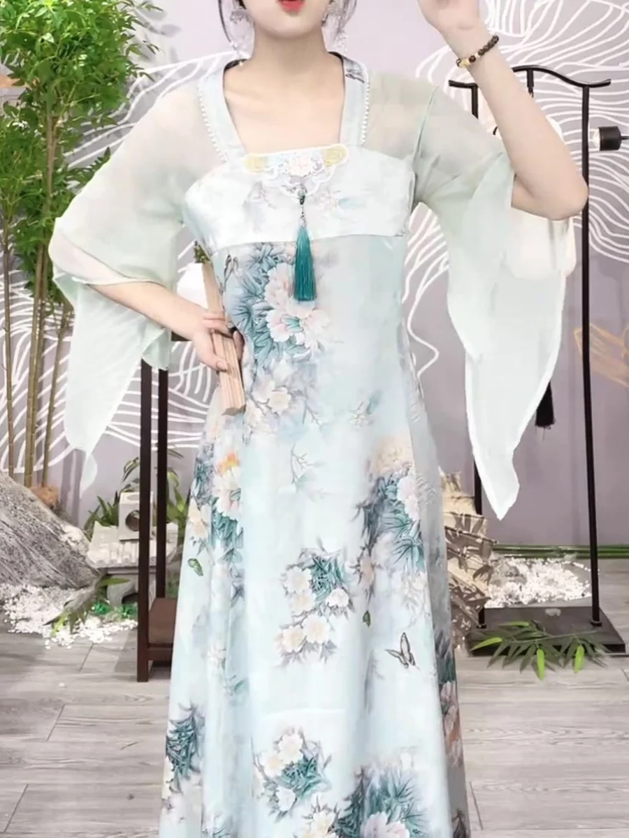 

New Chinese Sle Artistic Retro Dr Women's Summer New Waist-Cinching Meat-Covering Slimming Age-Defng Embroidered Skirt