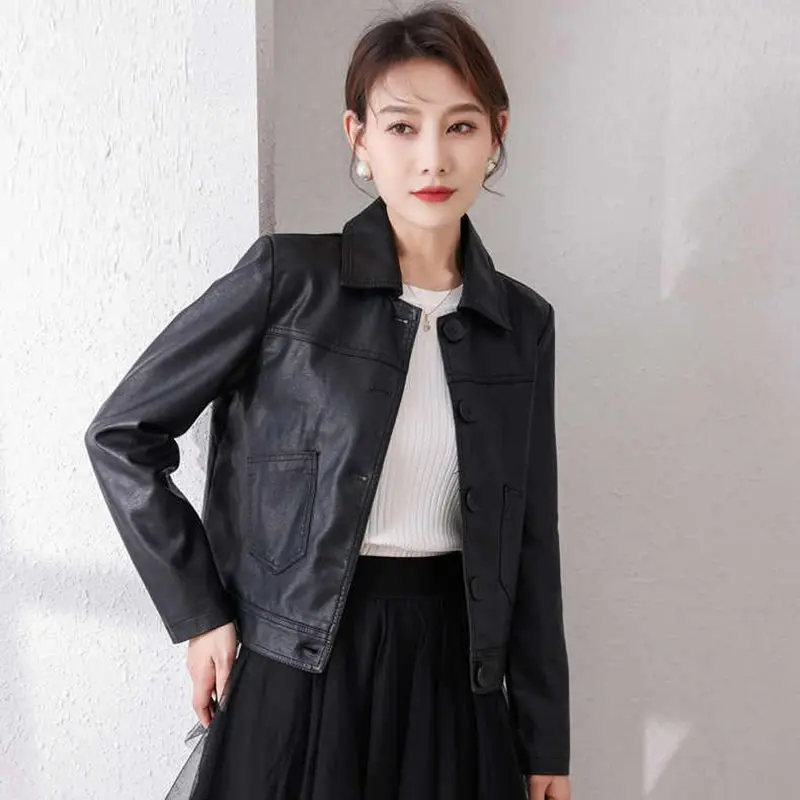 Short Leather Jacket Women 2023 New Autumn Top Leather Jacket Pockets Chic Vintage New Outerwears Jaqueta De Couro Feminina