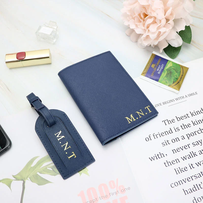 Custom Initial Letters Saffiano Pebble Leather Travel Passport Cover Men Women Luggage Tag Passport Holder Set With Gift Box