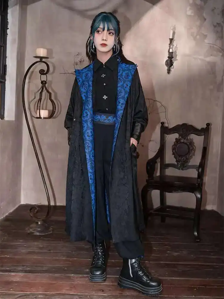 New Chinese Style National Style Han Elements Improve Wear On Both Sides Hanfu Round Neck Robe Printing Long Coat Black Blue