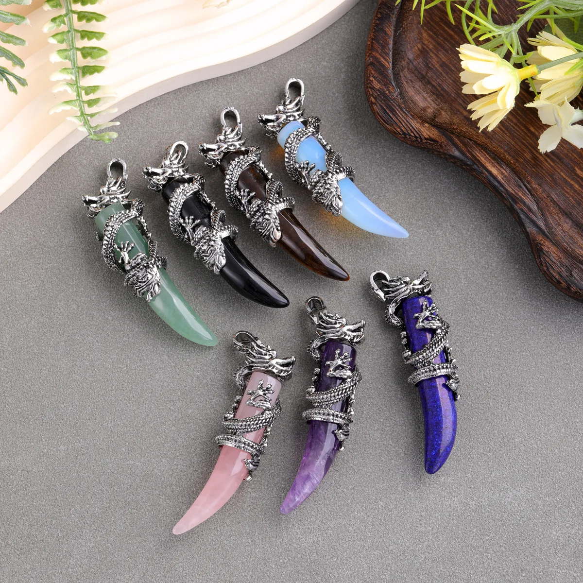 

Dragon Wrapped Tusk Natural Stone Pendants, Mixed Gemstone Charms for DIY Jewelry Making