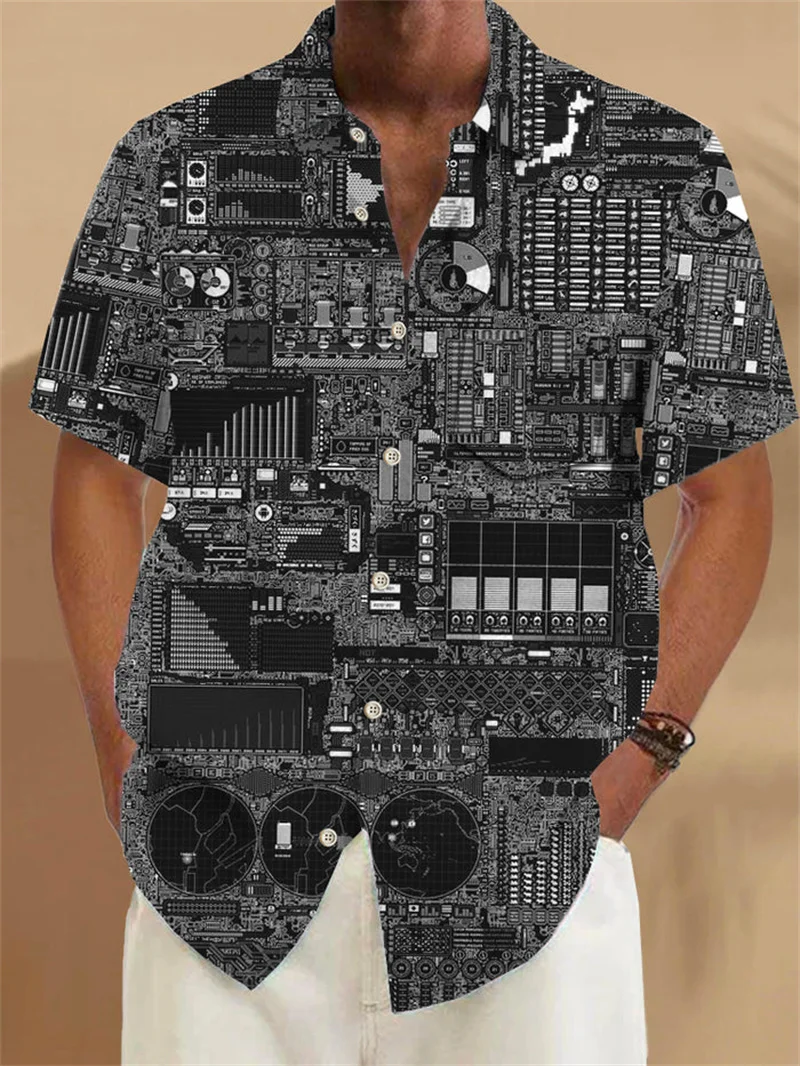 Hawaiian shirt men's summer 3D line printed holiday Harajuku short sleeved top shirt oversized shirt