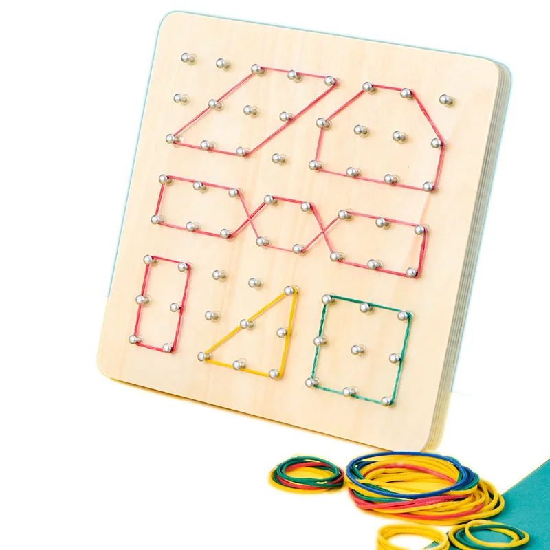 Wooden Geometry Puzzle Montessori Baby Creative Toy Graphics Rubber Tie Nail Boards Cards Children Education Preschool Kids