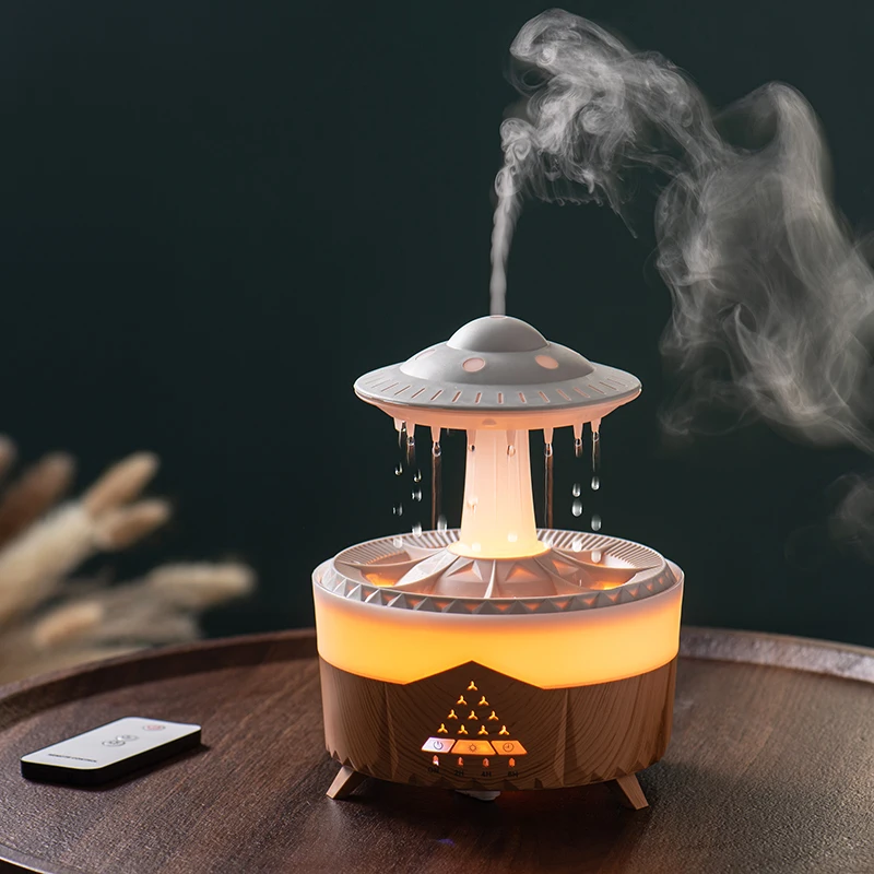 Flame Diffuser Humidifier Essential Oil Diffuser Aroma Humidifier with Fire Flame Effect, UFO Rain Cloud Smart Air Humidifier