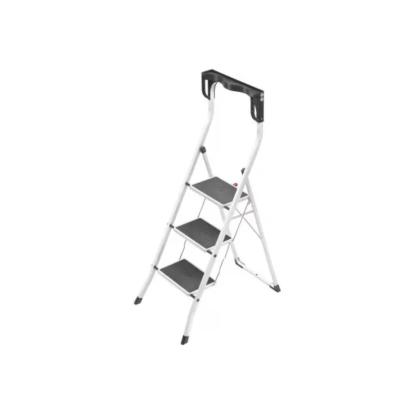 

Steel Folding Stepladder Three Large Steps with Non-Skid Mats High Curved Safety Bar and Storage Folding Safety Mechanism