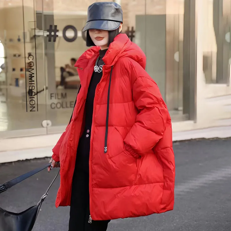 Women\'s Winter Jacket New Thick Warm Large Version Outwear Fashion Casual White Duck Down Loose Mid-length Hooded Down Jacket