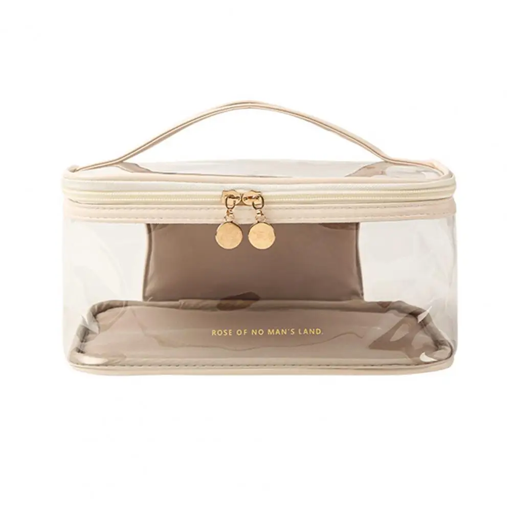 Fashion Transparent Makeup Cosmetic Bag With Handle Large Capacity Double Layer Makeup Bag Toiletry Zipper Bag