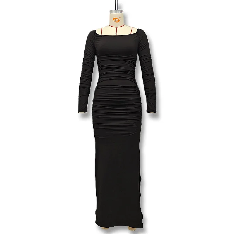 Eleganckie sukienki damskie z odkrytymi ramionami, długim rękawem, plisowanym tyłem, bez pleców, z wysokim rozcięciem, czarne, z dekoltem typu slash neck, seksowne, na imprezę, wieczorowe, luksusowe, kolekcja 2025