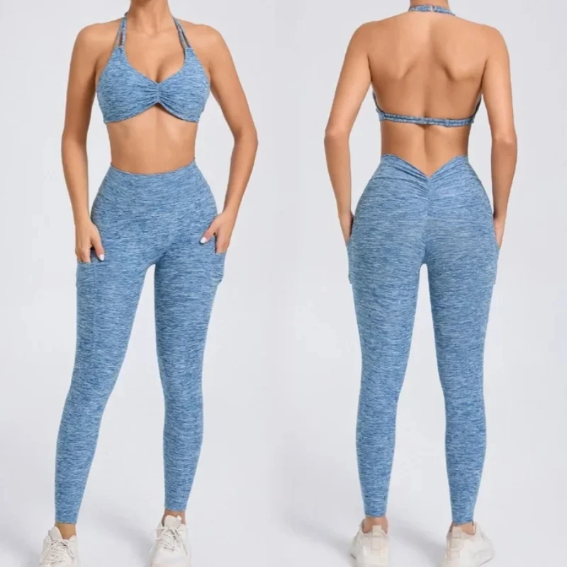 

Seamless Yoga Set - Color-Block W/ Side Pockets High Waist Slim Fit Pants Quick-Dry Bra 2-Piece Running Fitness Suits for Women