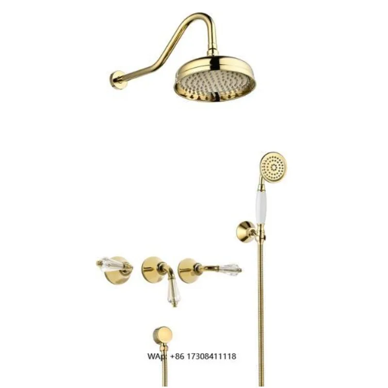 Luxury Classic Golden Shower Faucet Set Complete Shower System, Wall Brass Valve with Ceramic Handle