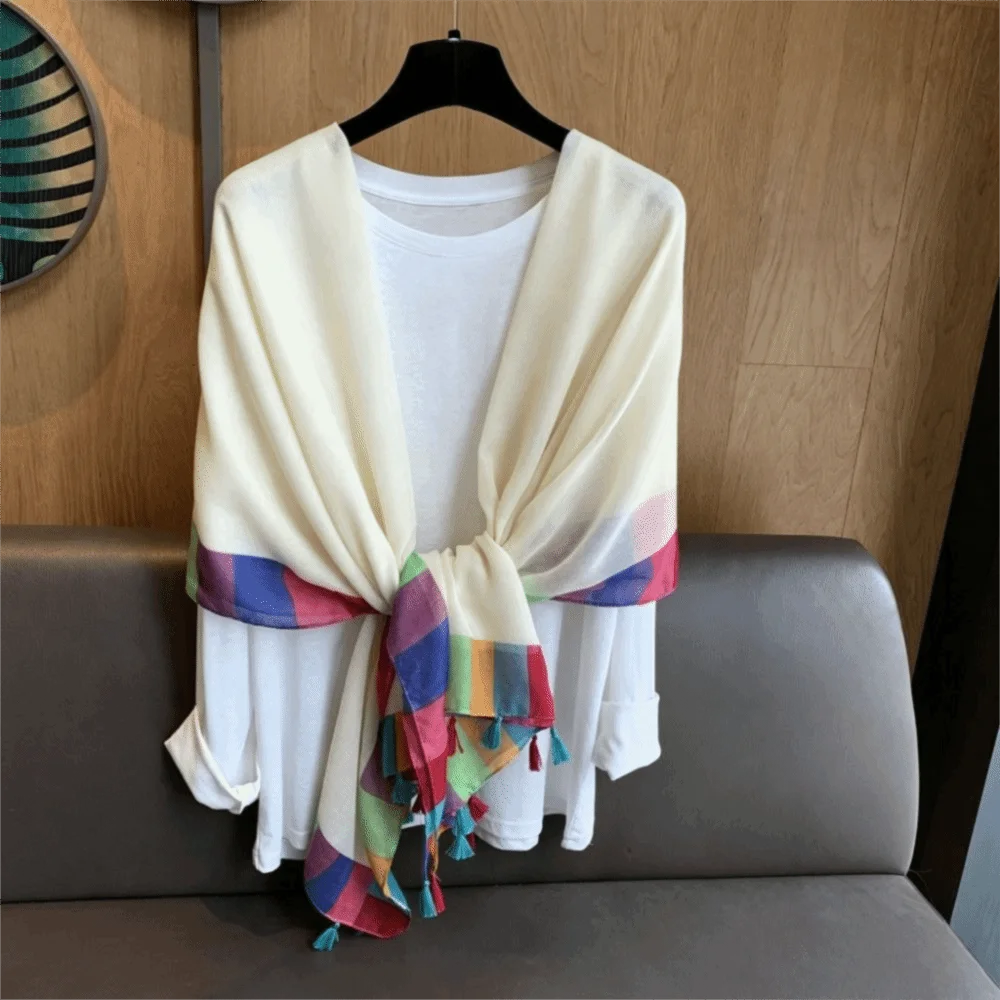 New Rainbow Border Gauze Shawl Tassel Edge Soft Draped Beach Scarf Lightweight Colorful Trim Beach Cover Up Women Fashion