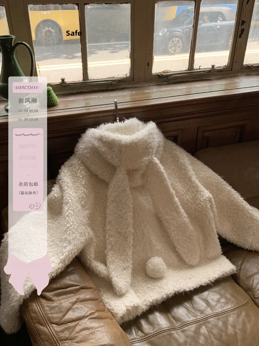 

Милая шапка с ушками для девочек, куртка из меха ягненка, зимняя верхняя одежда из ткани из полиэстера, свободное длинное пальто на пуговицах све