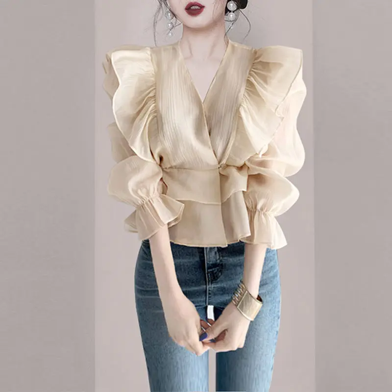 Elegant V-Neck Spliced Irregular Princess Sleeve Ruffles Blouse Women\'s Clothing 2023 Summer New Casual Tops Office Lady Shirt