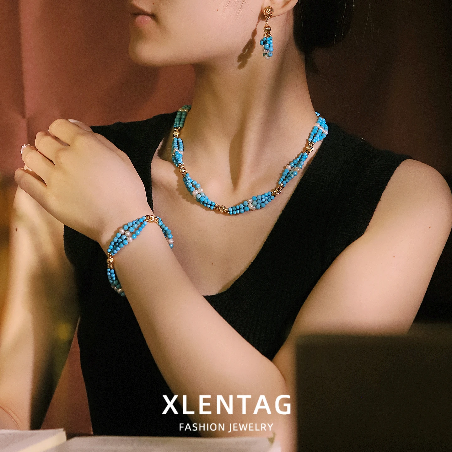 Genuine Freshwater Pearl Turquoise Jewelry Set for Women Daily Banquet Jewelry Gift Bohemian Pearl Jewelry Set Fashion Jewelry
