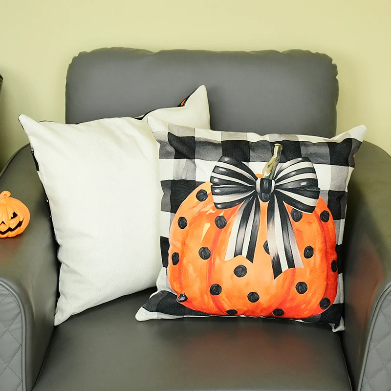 

4pcs Halloween Party Decorations Linen Pillowcase for Sofa Black Witch Pumpkin Head Ghost Print Throw Pillow Cover Home Decorate