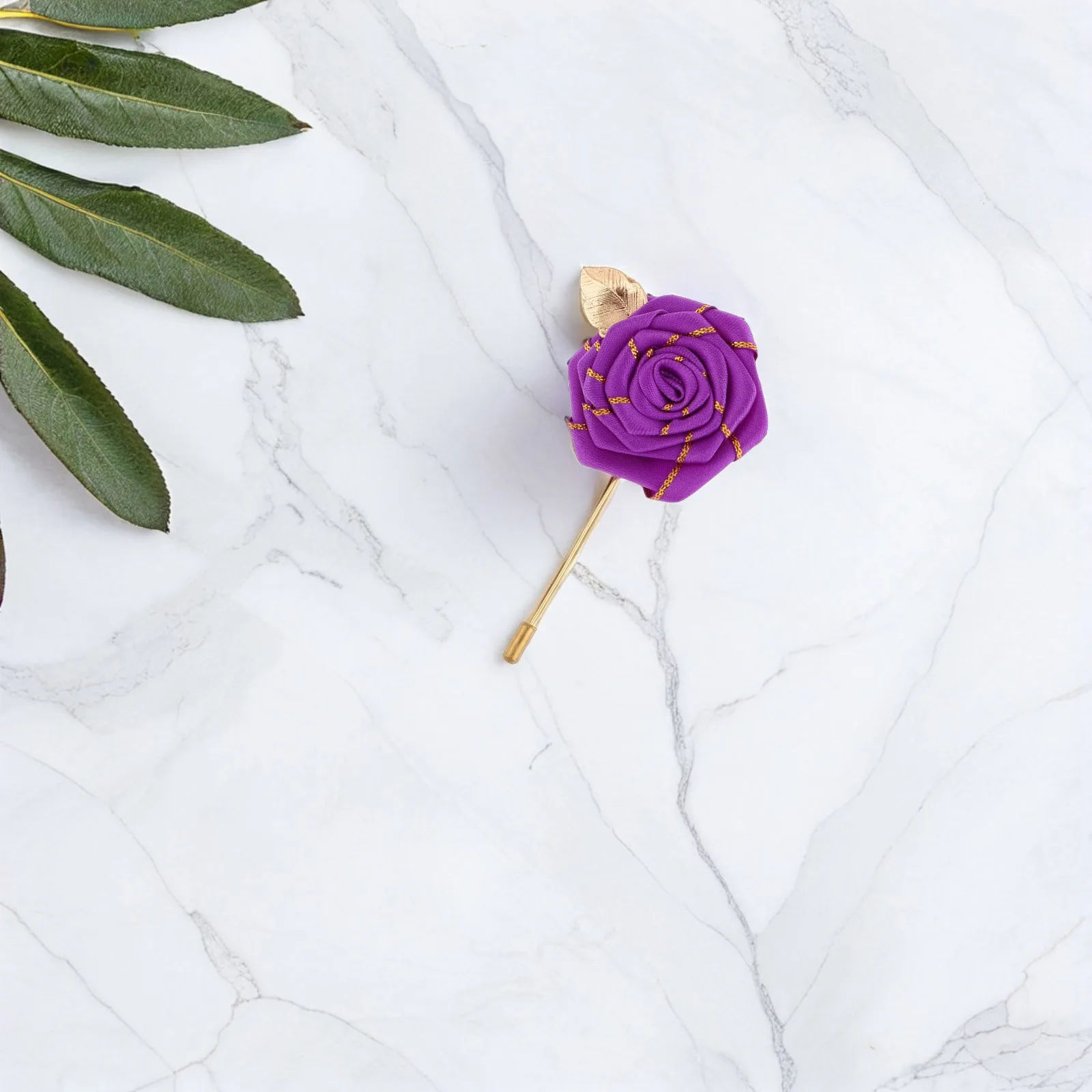 

Large Rose Wedding Boutonniere Brooch Pin Gold Leaf Long Needle Polyester Lapel Flower Pin for Groom Suit Banquet Formal