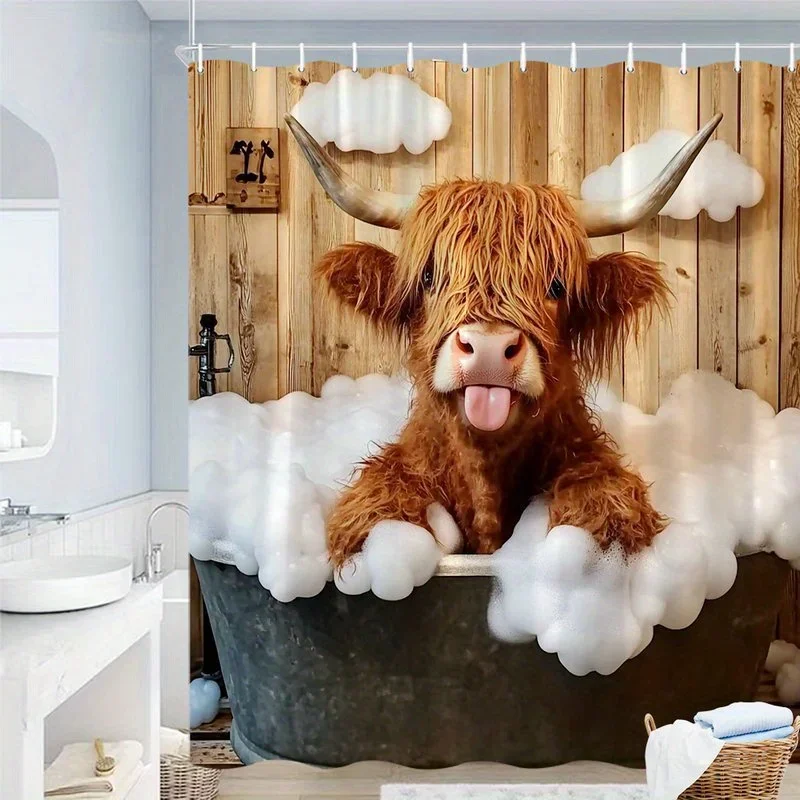 1pc Funny Highland Cow Bubble Bath Shower Curtain - Shaggy Cow in Soapy Tub with Wooden Plank Background, Farmhouse Bathroom Dec