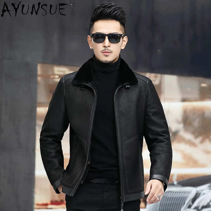 Natural Fur Coats Men Sheepskin Leather Jackets Winter 2021 Sheep Shearling Liner Black Jaqueta Masculina Gmm367