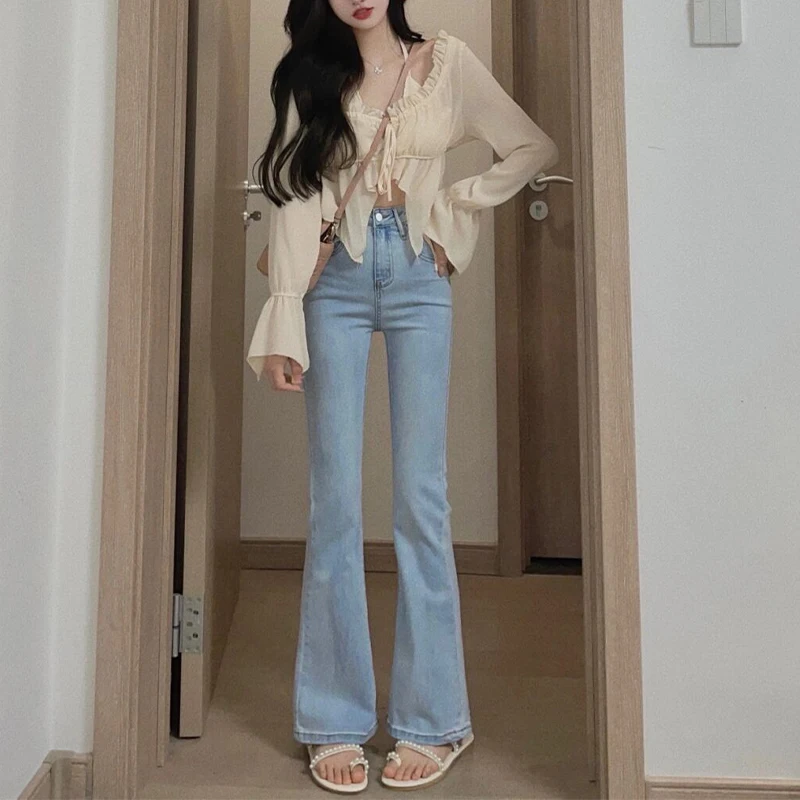 

High Waist Slim Fit Bell Bottom Jeans Women's Spring Summer New Style Light Color Drapey Cotton Stretch Denim Ankle Length