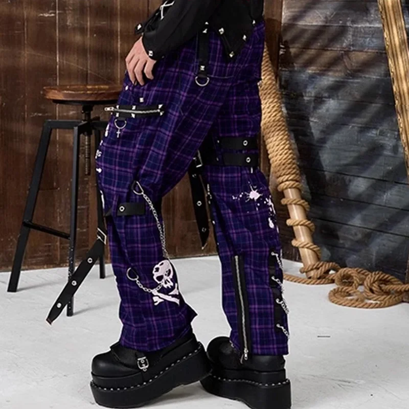 Y2k Punk Kill Matt Rock pantaloni con cinturino a catena in stile gotico per uomo pantaloni Graffiti con motivo a teschio pantaloni a gamba dritta