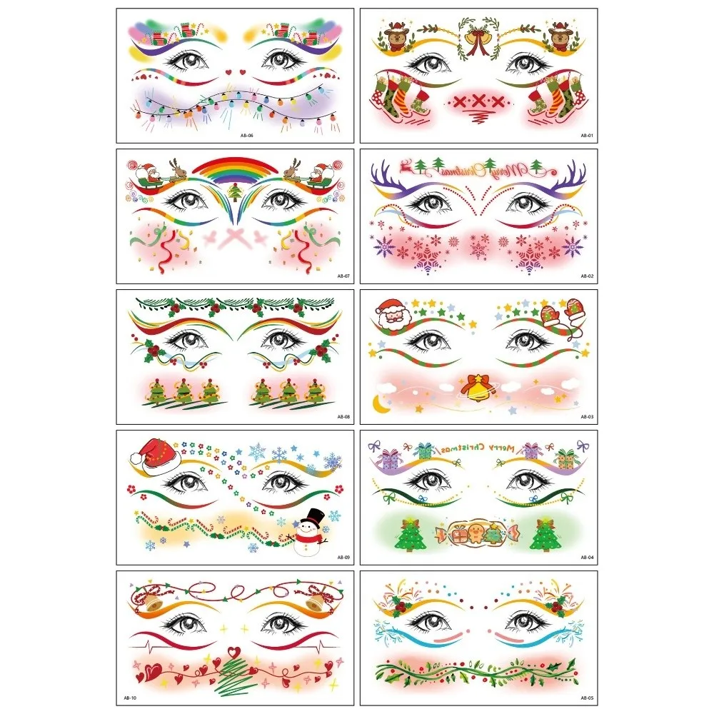 10Pcs Santa Claus Christmas Face Tattoo Sticker Elk Face Art Christmas Makeup Stickers Waterproof DIY Face Makeup Patch