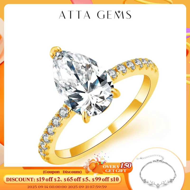 

ATTAGEMS New D Color Moissanite Rings Pear Cut 3.0ct S925 Sterling Silver Classic Wedding Engagement Ring for Women Fine Jewelry