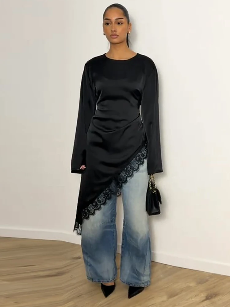 Elegantes Damen-Oberteil mit Langen Ärmeln, Gürtel, Unregelmäßigem Saum, O-Ausschnitt und Spitzen-Patchwork, Modisches Allround-T-Shirt für Streetwear 2026