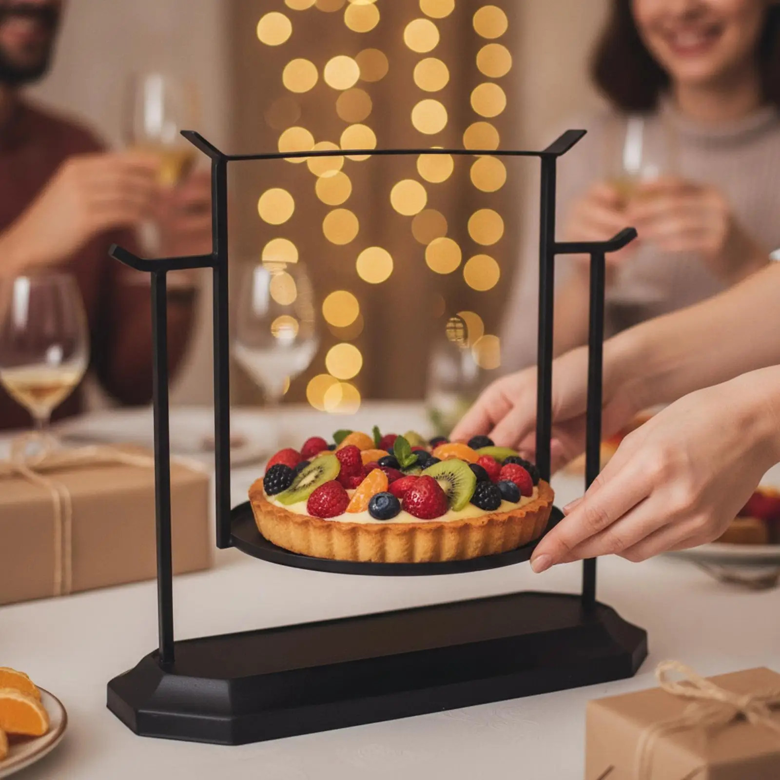 Black Iron Cake Stand with Round Tray Metal Iron Dessert Display Stand Open-Frame Cake Holder for Tea Gatherings, Birthdays,