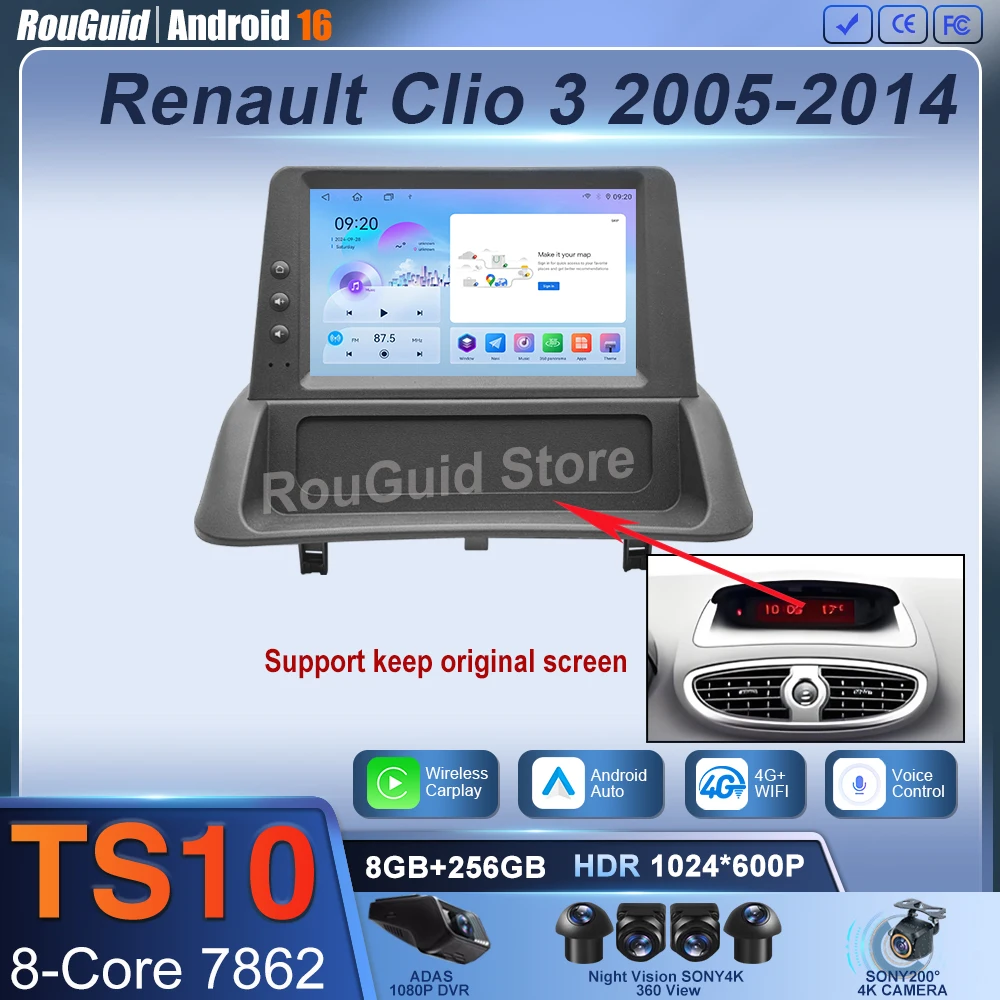 Car Radio for Renault Clio 3 2005-2014 Wireless CarPlay Android 16 Auto 5G Multimedia Player Navigation GPS 2din Autoradio DVR