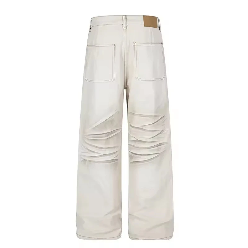 Vintage Men's Washed Denim Pants Beige Patchwork Wide Leg Baggy Fit Streetwear Casual Premium Cotton Jeans