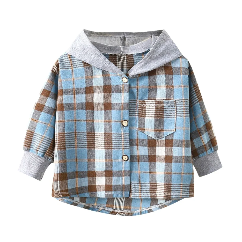 Boys Girls Plaid Shirt Hooded Jacket Children's Long Sleeve Button Down Jacket Tops 1-6 Years Baby Coat Children's Clothing