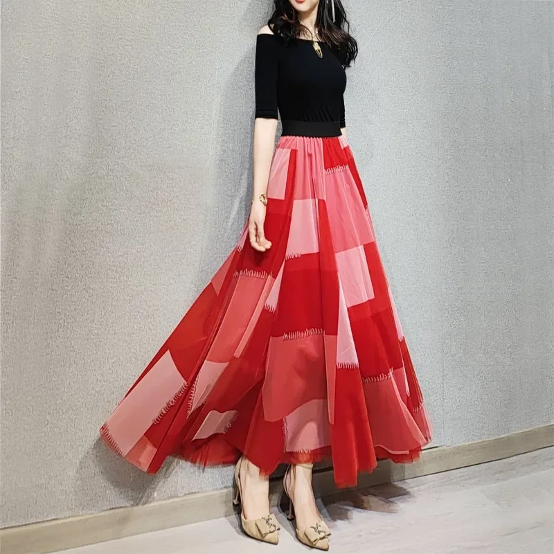 2024 New High Waist Pleated Midi Skirt Female Fashion Patchwork Women's Spring Summer Elegant High Street Mesh Tulle Long Skirts