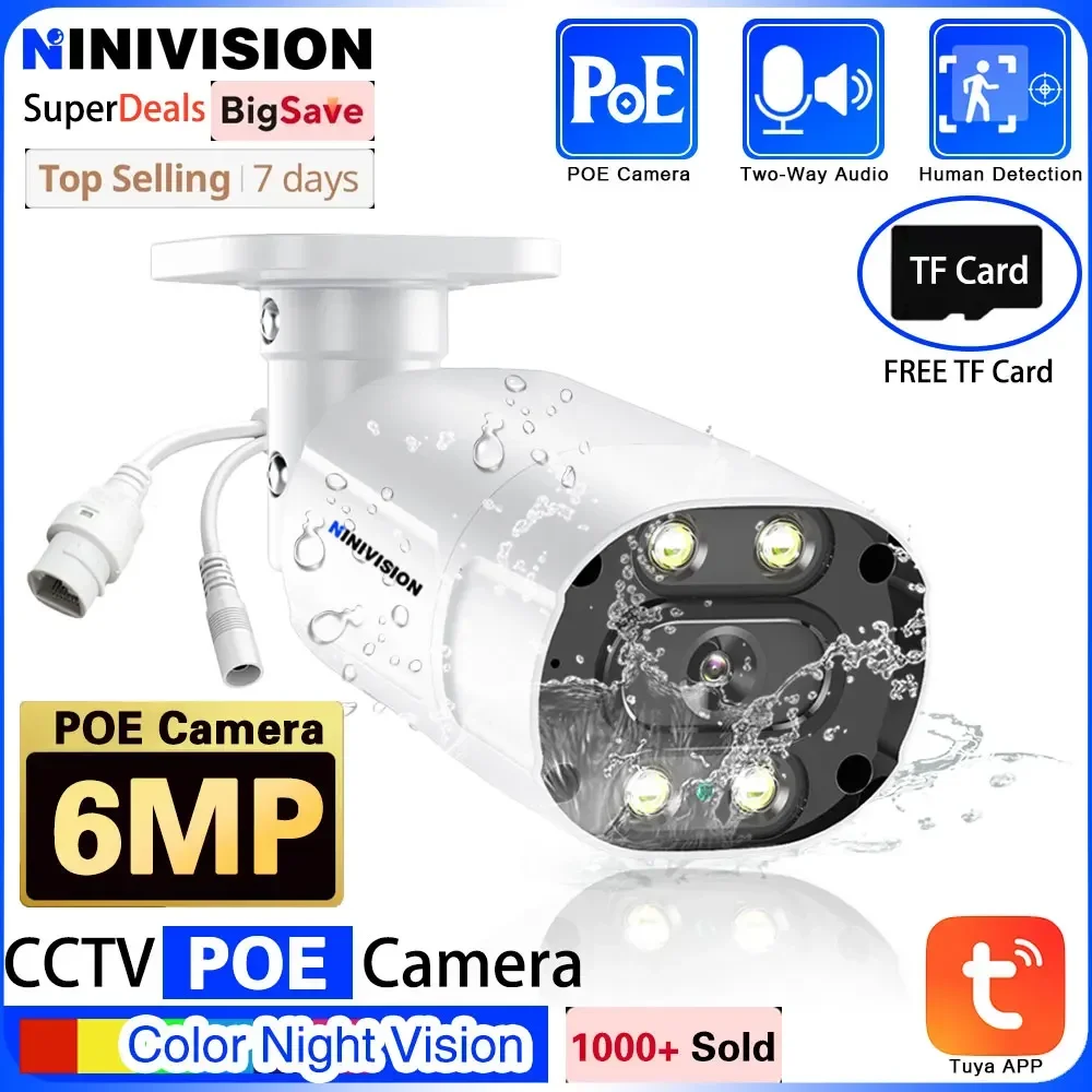 

6MP IP Camera IPC Dual Color Night Starlight Bullet Network Support TUYA POE NVR Of Smart Life Home Support 128G TF Card POE Cam