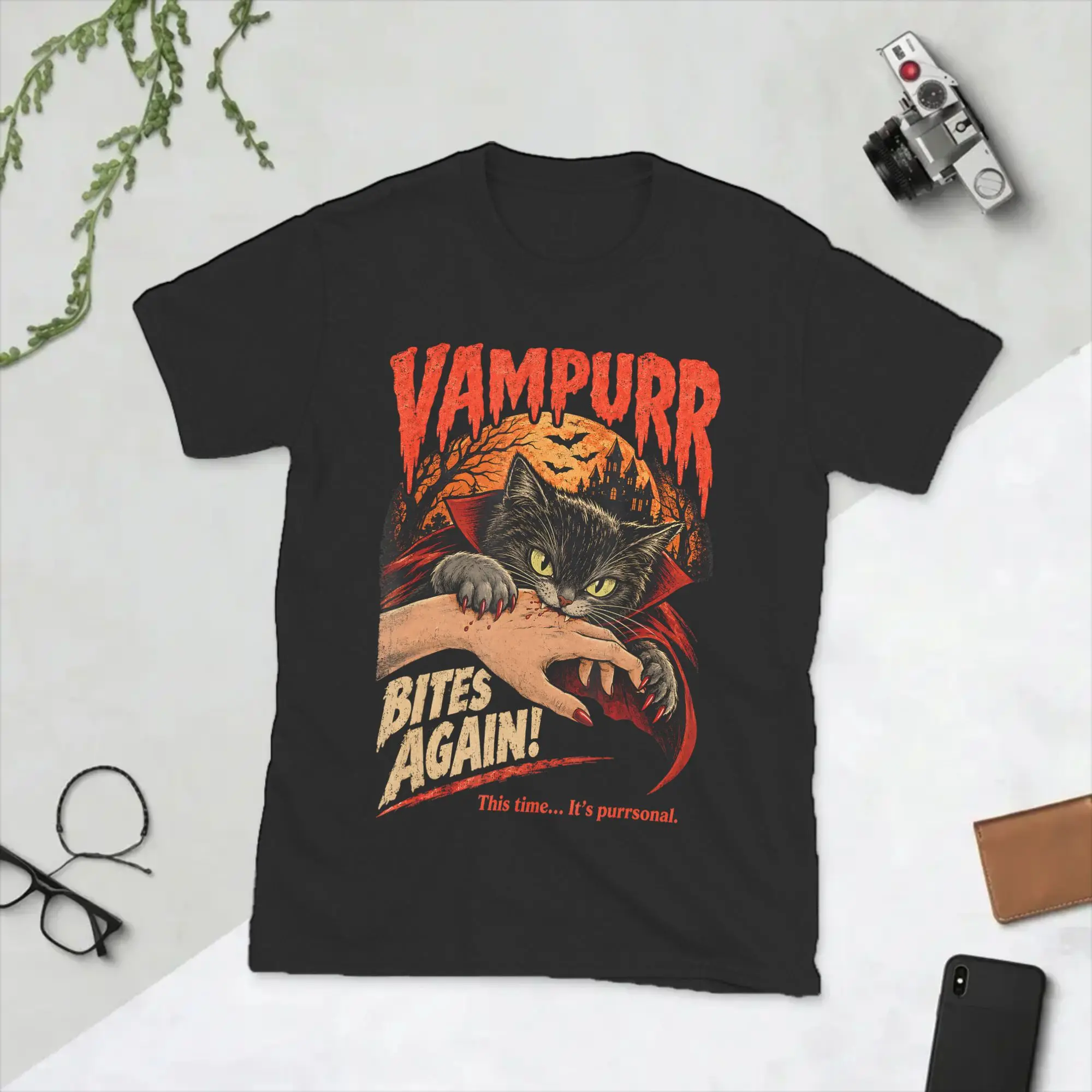 Vampurr Bites Again Halloween Vampire Cat T-Shirts Men  Casual 100% Cotton Tee Shirt O Neck Short Sleeve T Shirts Clothes