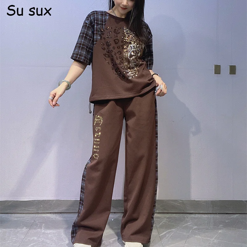 

Клетчатые лоскутные комплекты с широкими брюками, комплекты из 2 предметов, женская одежда, 2026, летняя повседневная футболка с круглым вырезом и коротким рукавом, одинаковые комплекты уличной одежды