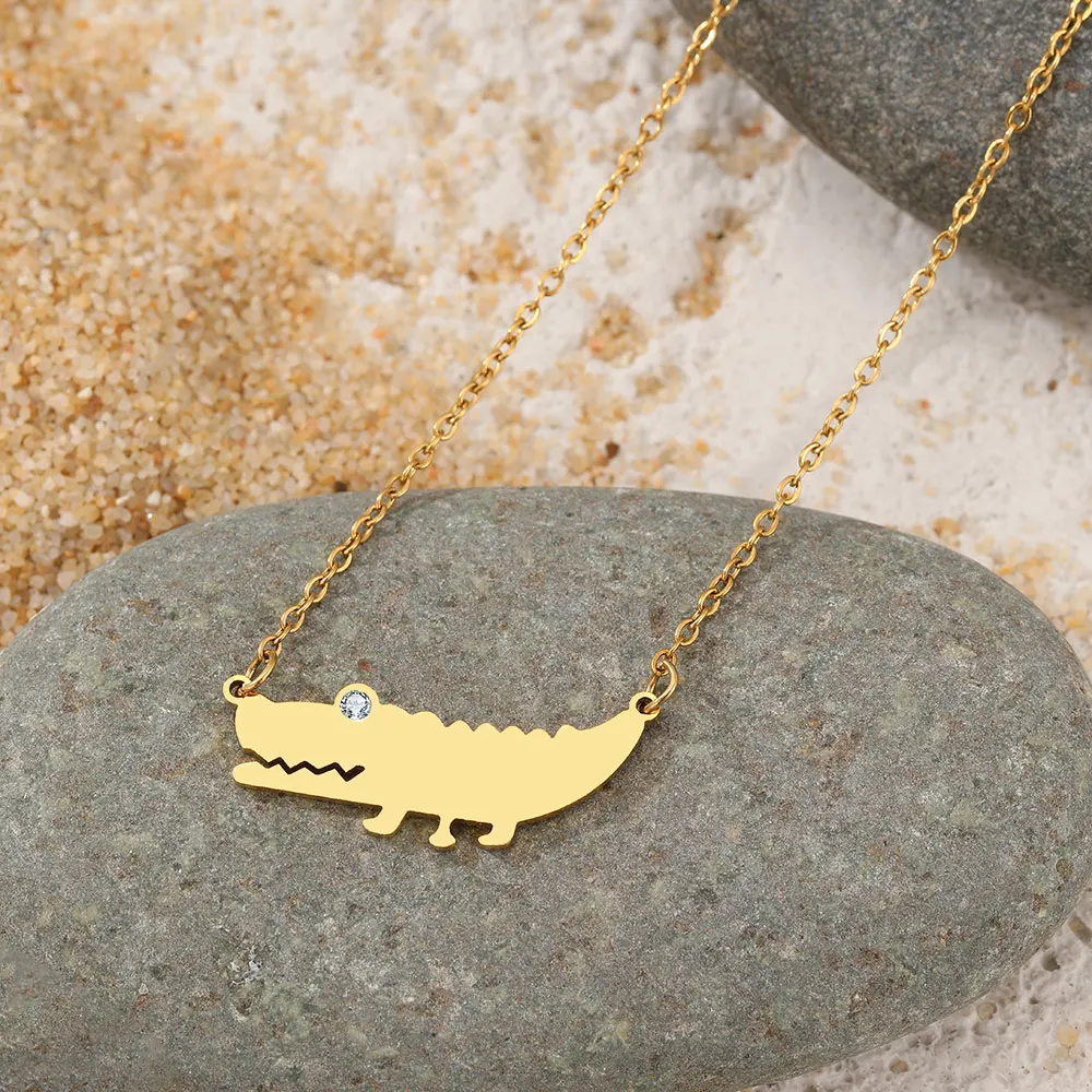 Stainless Steel Necklaces Cartoon Crocodiles Animal Pendant Collar Chain Fashion Necklace For Women Jewelry Friend Birthday Gift