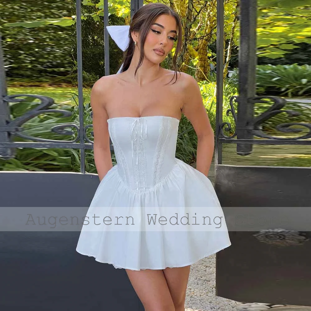 Dreamy Civil Wedding Dresses Satin A-line Wedding Party Dresses Ivory Strapless Lace Bow Ruched Lace-up Wedding Guest Dresses