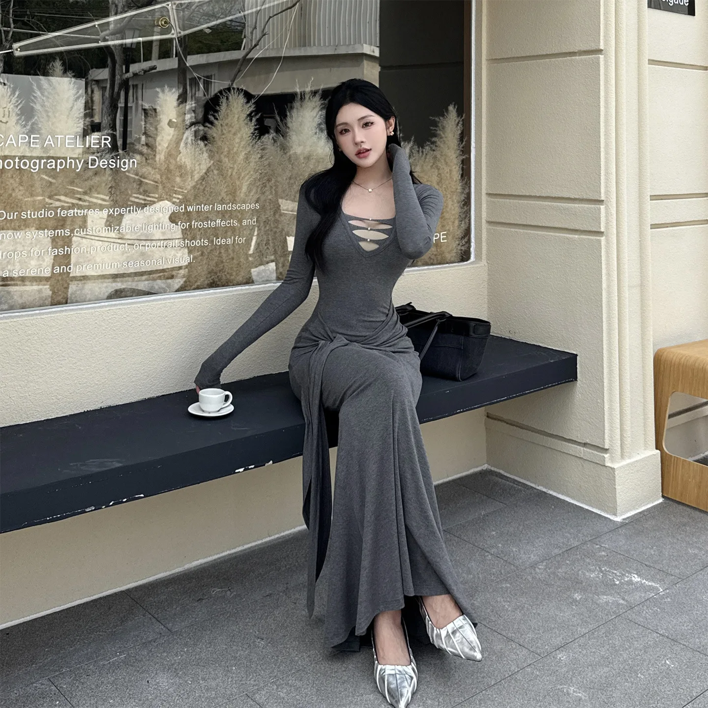 فستان نسائي غير رسمي رمادي مضلع منسوج فستان أنيق على شكل حرف v مقصوص غير منتظم على شكل حرف a صورة ظلية للحفلات المسائية فستان فيستدوس