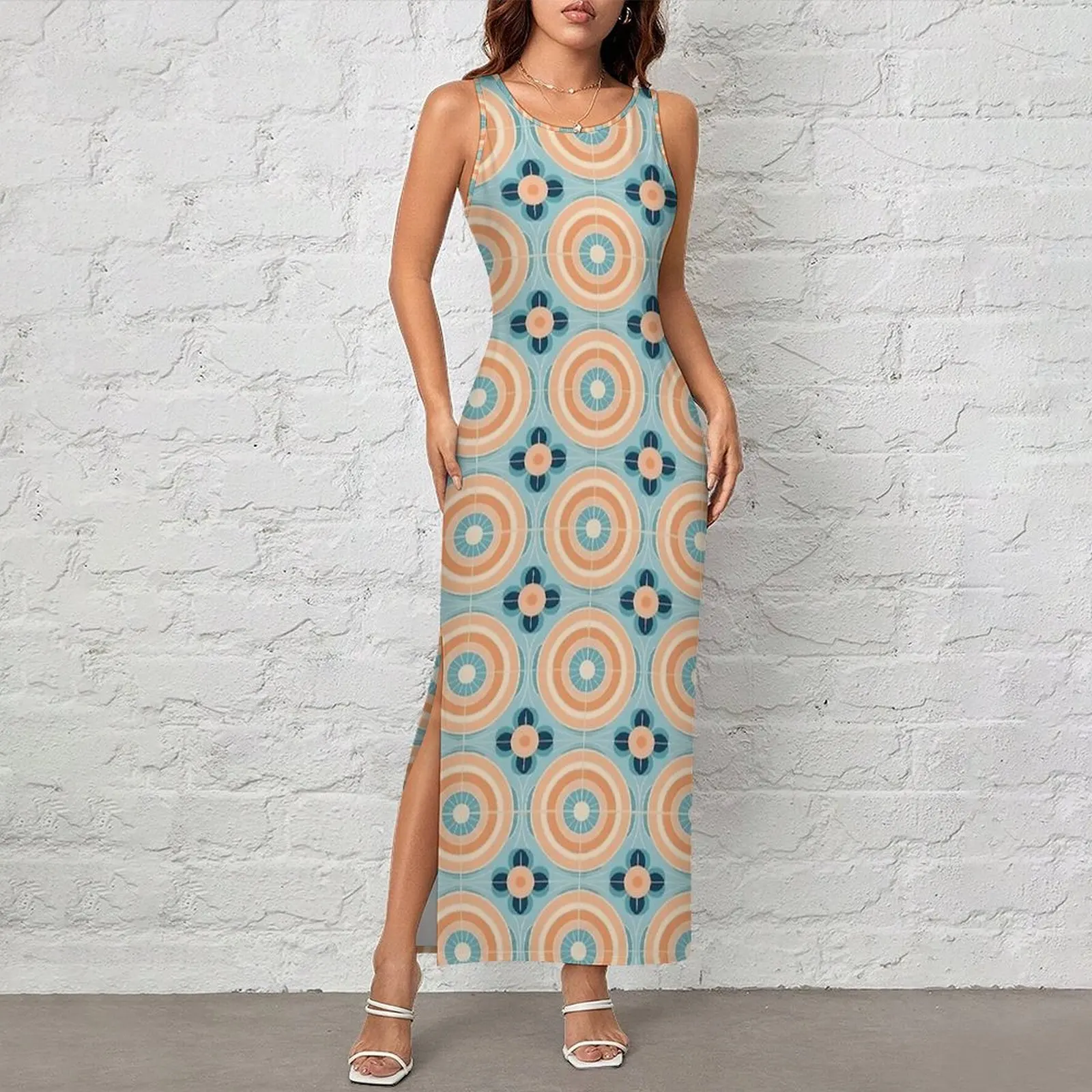 Peach Floral Circle Tile Dress Sleeveless  Street Fashion Maxi Dresses Modern Bodycon Dress Women Custom DIY Oversized Vestidos