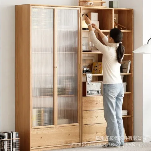 Solid wood bookcase, small apartment household storage cabinet, log storage magazine cabinet, study combination bookshelf