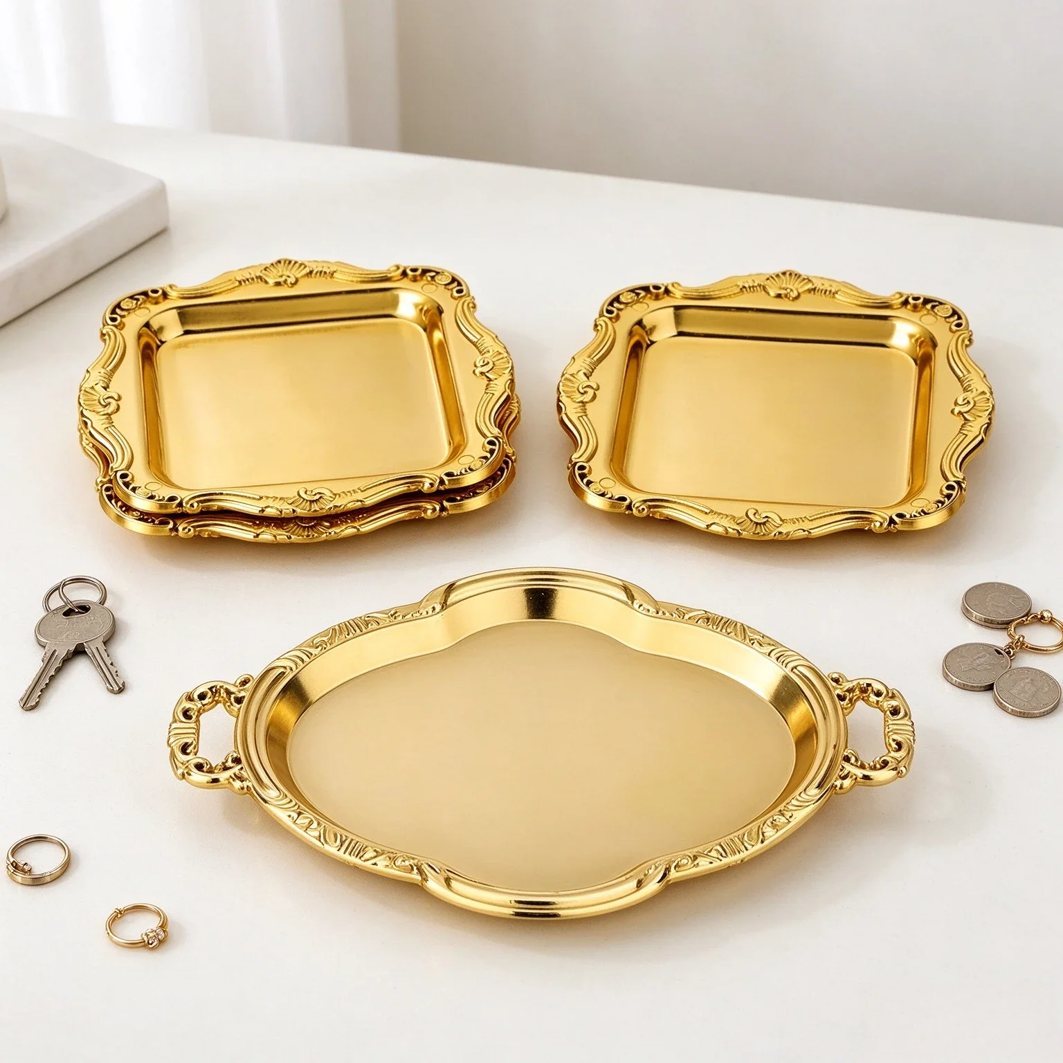 3Pcs Retro Embossed Golden Plastic Tray, Electroplated Storage Tray, Jewelry Cosmetic Serving Tray for Holiday Party