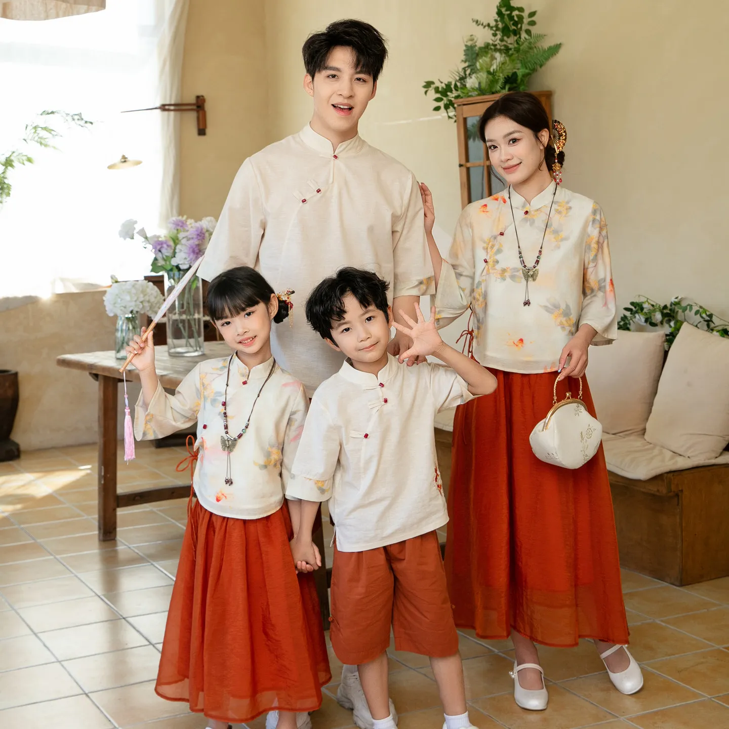 

2026 Summer Chinese Style Family Matching Outfits 3P Mom Dad Kids Traditional Floral Top Red Skirt Set for Photoshoot