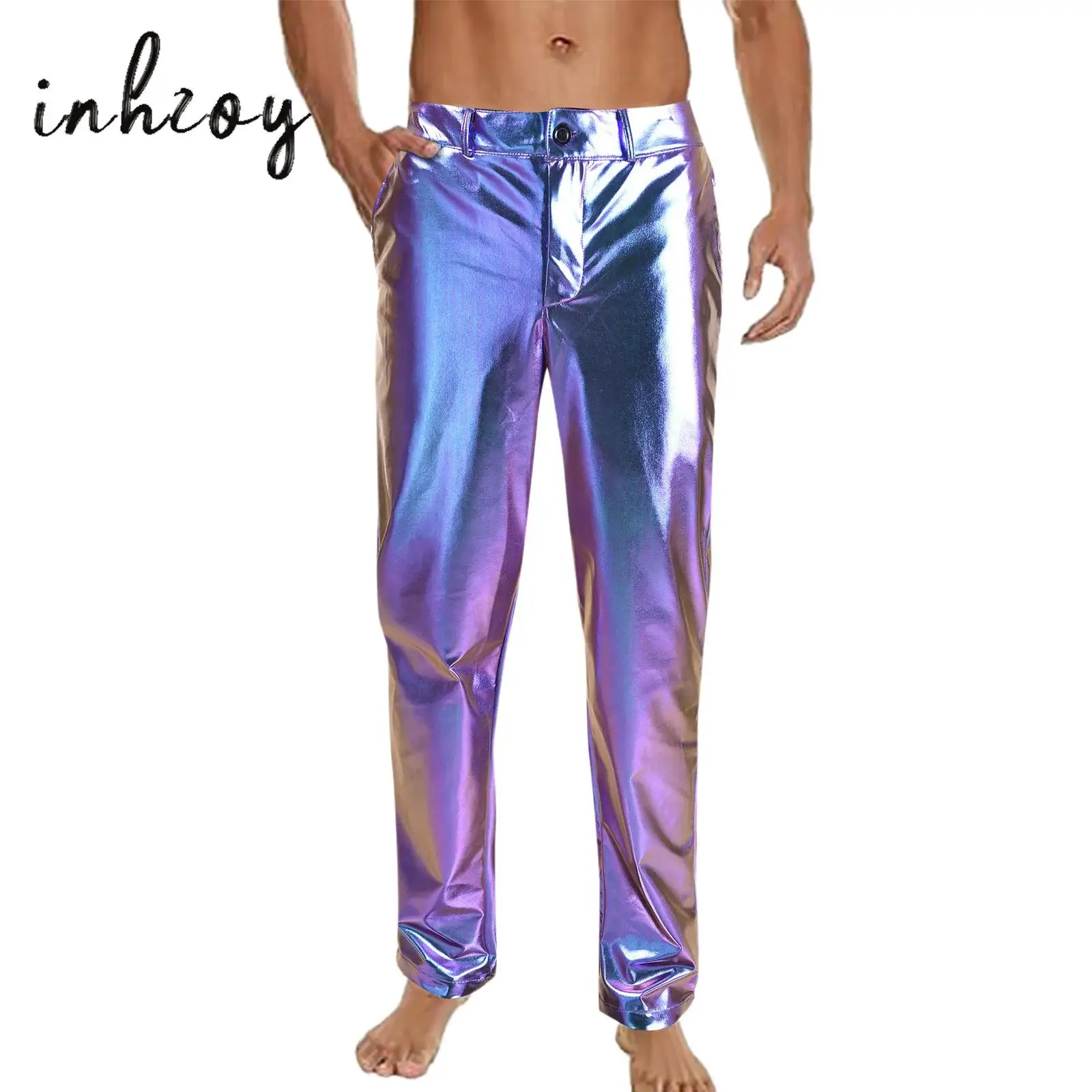 

Men's 80s Disco Dance Trousers Metallic Shiny Straight Leg Side Pockets Long Pants for Clubbing Jazz Rock Dance Costume Clubwear