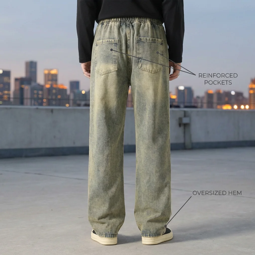 Men's Elastic Waist Drawstring Loose Vintage Yellow Mud Color Retro Non-Stretchable Jeans Four Seasons Wearable