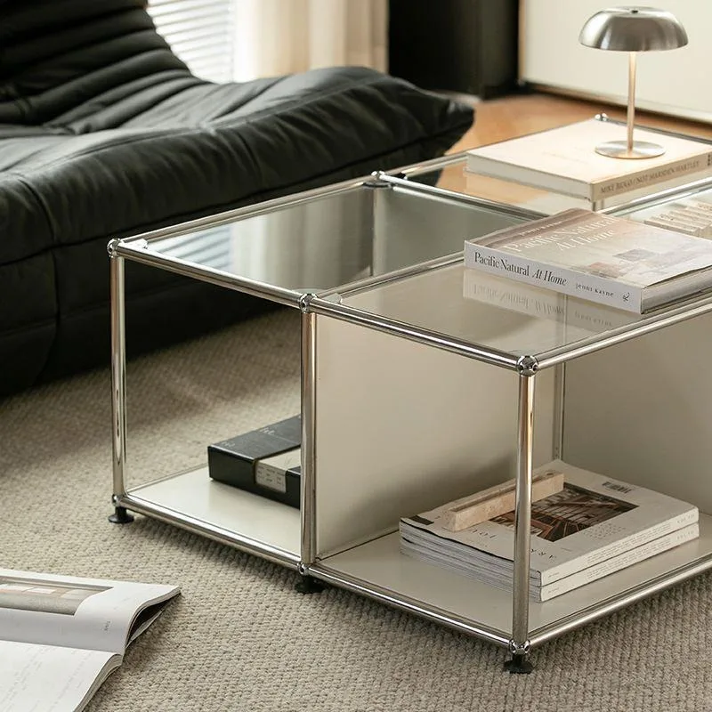 Medieval stainless steel module glass coffee table modern simple living room desktop home combination