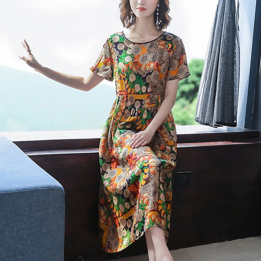 2024 Vintage Print Natural Silk Midi Dresses Summer Fashion New Office Lady Runway Dress Elegant Women Bodycon Party Vestidos