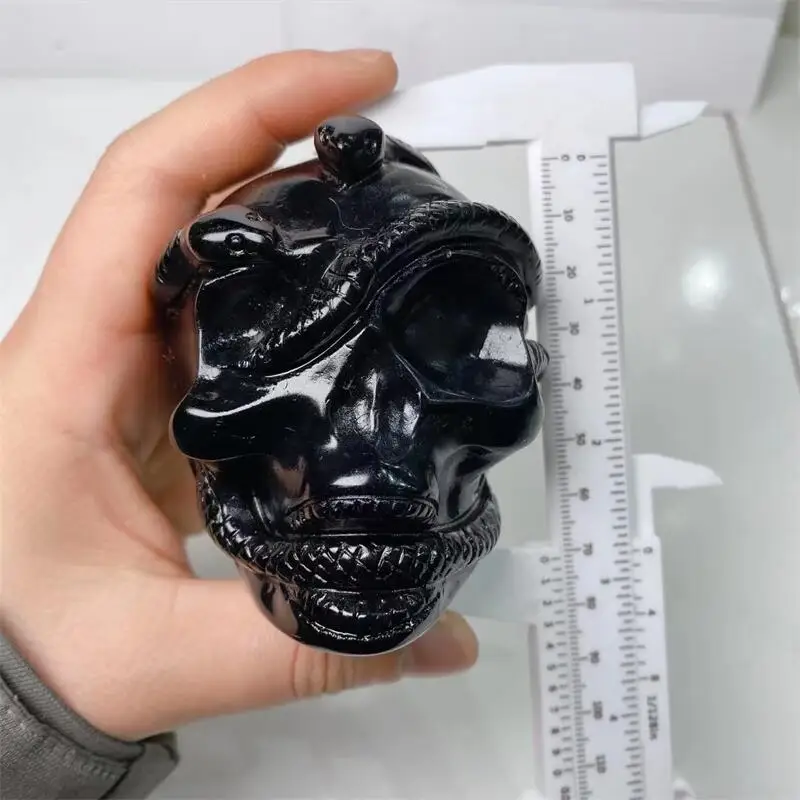 Natural Black Obsidian Snake Skull Crystal Minerals Ornament Reiki Healing Crystals Cranium Desk Decoration Gift 1pcs