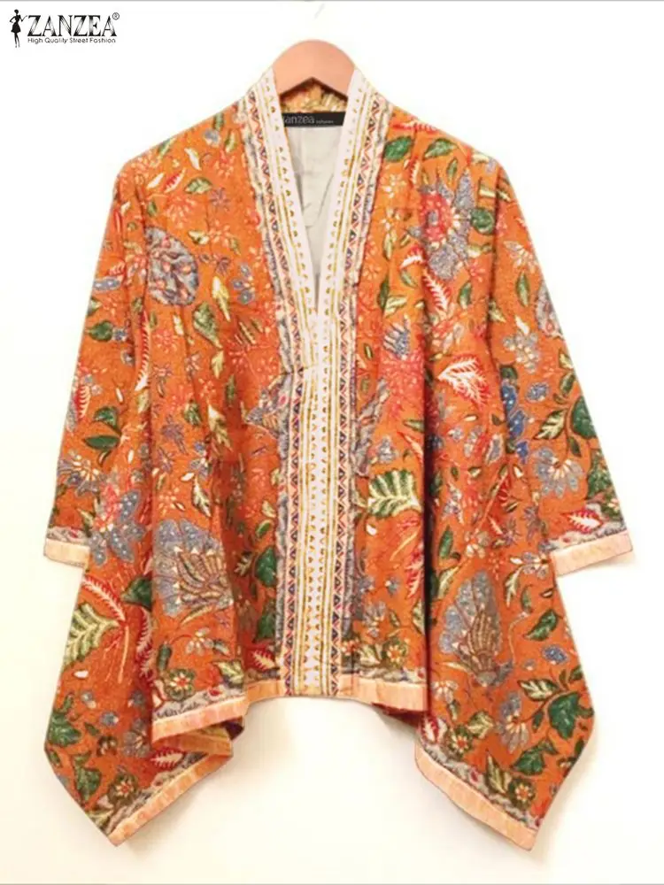 เสื้อผู้หญิงลายดอกไม้ฤดูใบไม้ร่วง ZANZEA คอวี แขนสามส่วน ทรงหลวม โอเวอร์ไซส์ สไตล์โบฮีเมียน เหมาะสำหรับวันพักผ่อนชายหาด ไซส์ 3XL